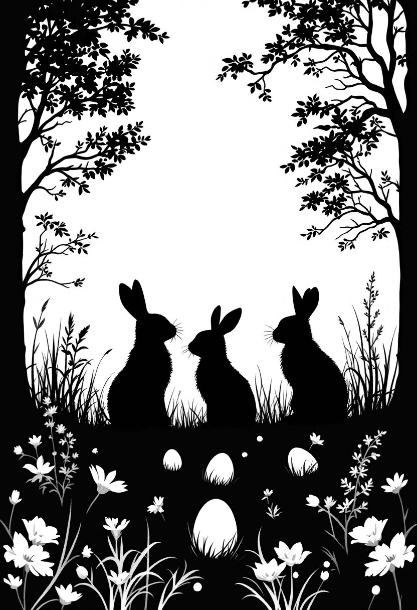 AI generated: silhouette of a Easterscene with Rabits ans eggs grass trees in black with white background
