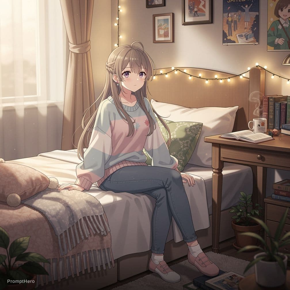 AI generated: super Hot anime girl with big boobs in bed


