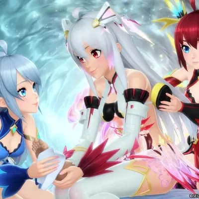 AI generated video: PSO2,  Matoi washing Harriette's feet, while Hitsugi washes Her Back