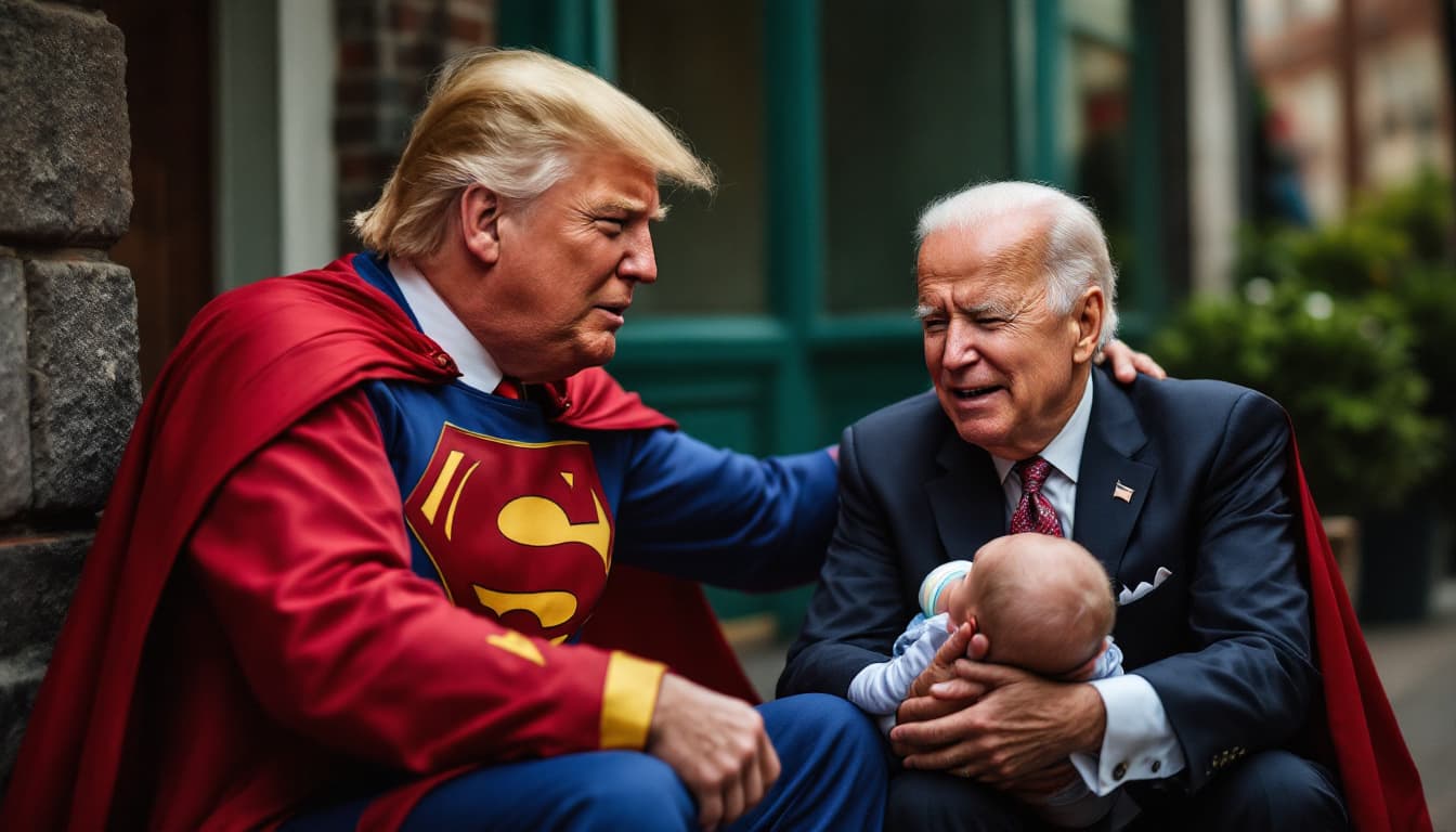 AI generated: président Trump, super Hero, hero costume, sitting on the sidewalk, spanking Joe Biden, Joe Biden ca...