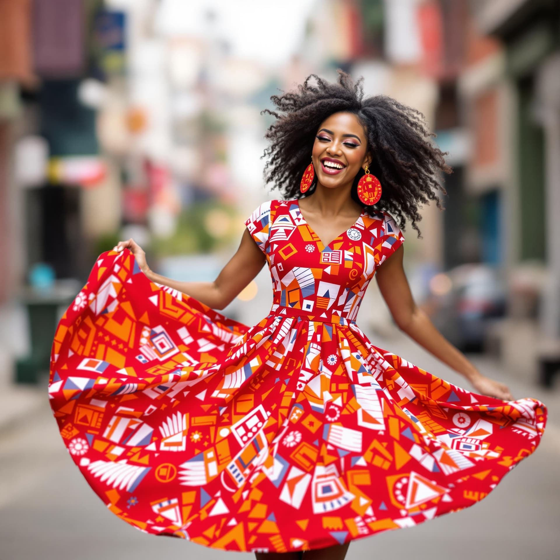 AI generated: The image depicts a joyful woman twirling in a vibrant red dress adorned with geometric patterns in ...