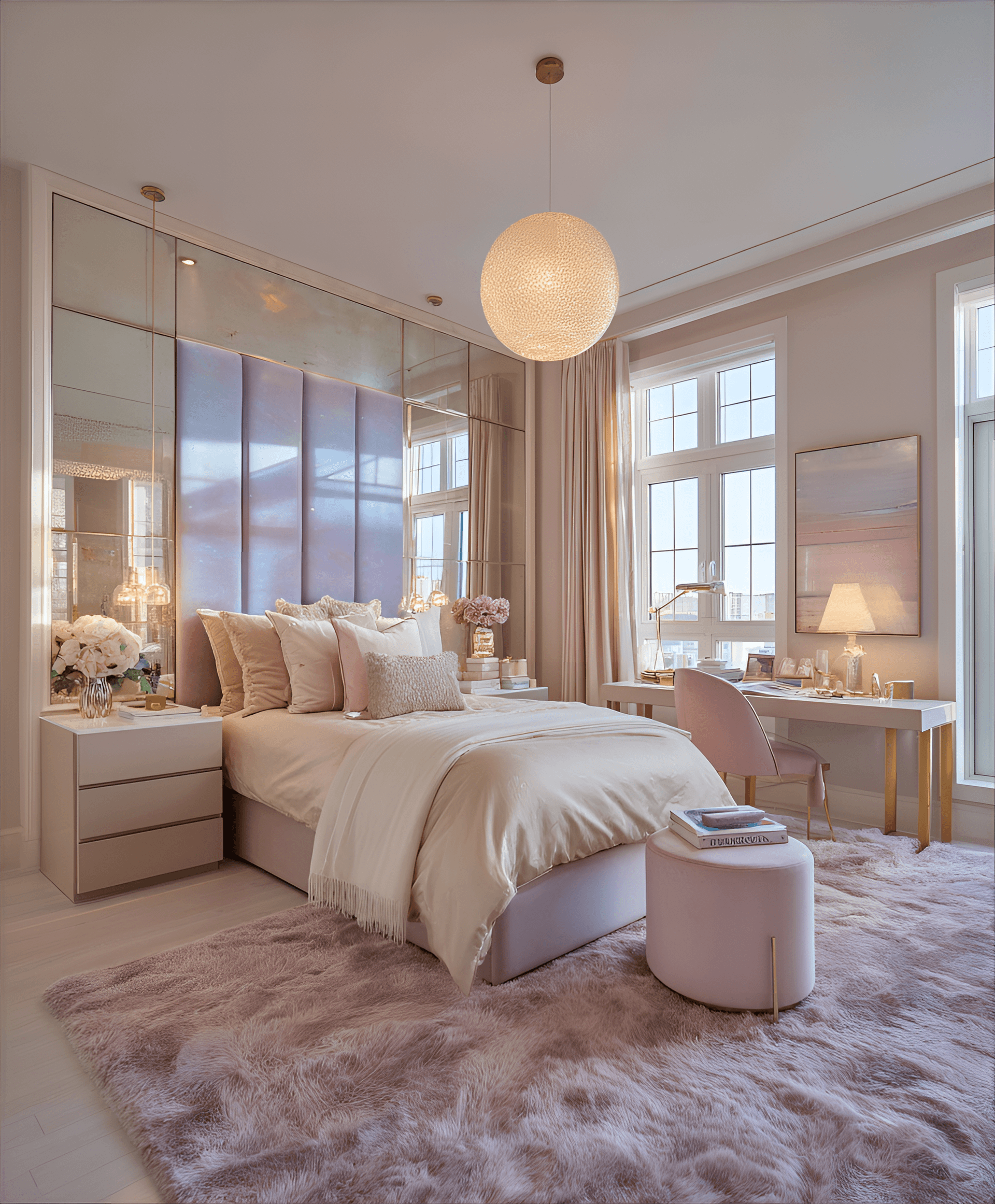 AI generated: photography, a bedroom layout highlighting a fabric headboard, sleek nightstands, and a compact work...