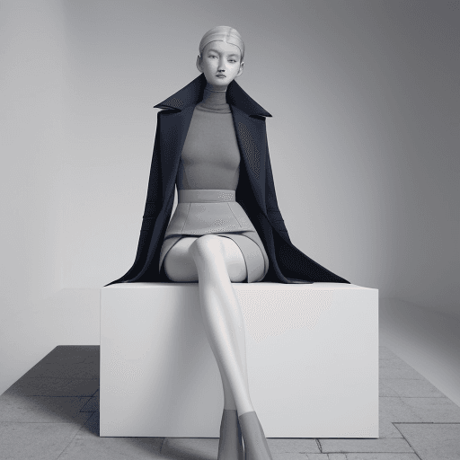 AI generated: a woman sitting on top of a white cube, official jil sander editorial, blue and grey tones, trending...