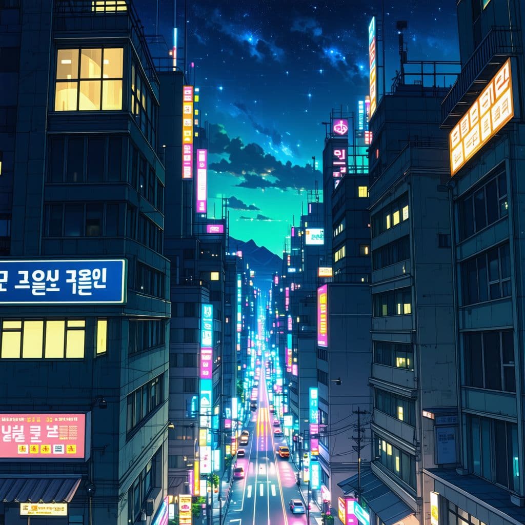 AI generated: city at night, Korean, anime style, tall buildings, low angle shot looking up, buildings at perspect...