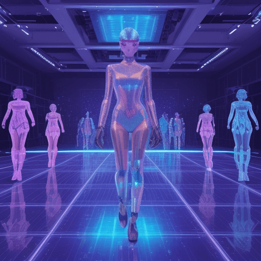 AI generated: A fashion show in holographic costume, 4K, Fashion show situation , a virtual audiences, futuristic ...