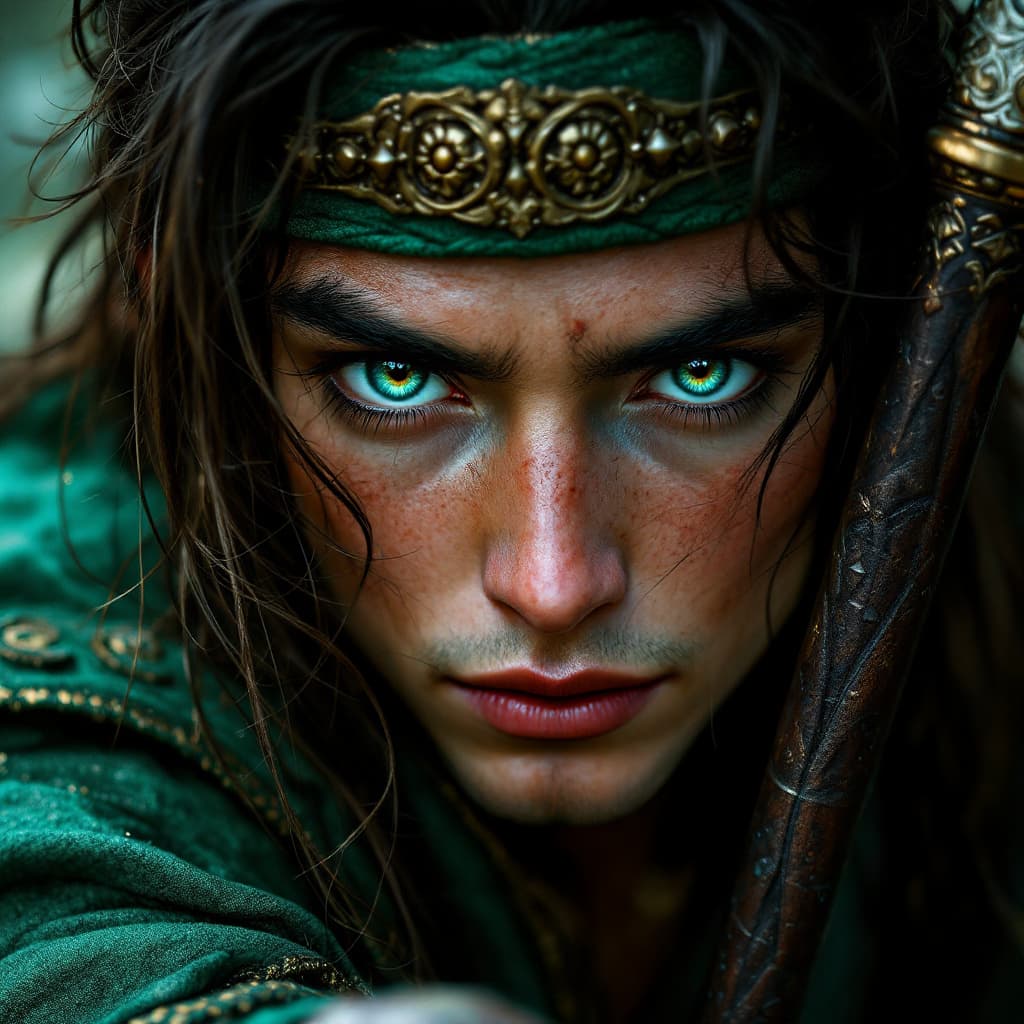AI generated: hyper-realistic (fabled character tale1:3) a warrior, with detailed eyes, green clothes   his large ...