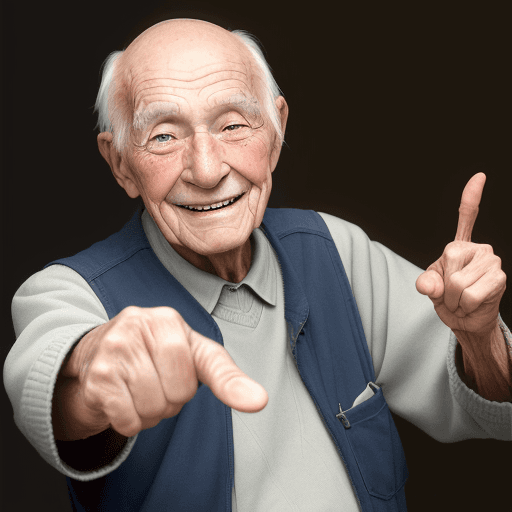 AI generated: An elderly man with a smile on his face holds it up and points his finger up