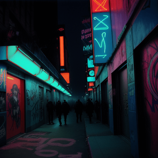 AI generated: photo, dslr, 80s style, movie still, 35mm film, graffiti’s and tags on a wall, writes « animal kingd...