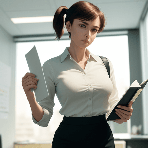 AI generated: sfw, one woman a burnet woman with short hair and a ponytail in a modern office, answering the telep...