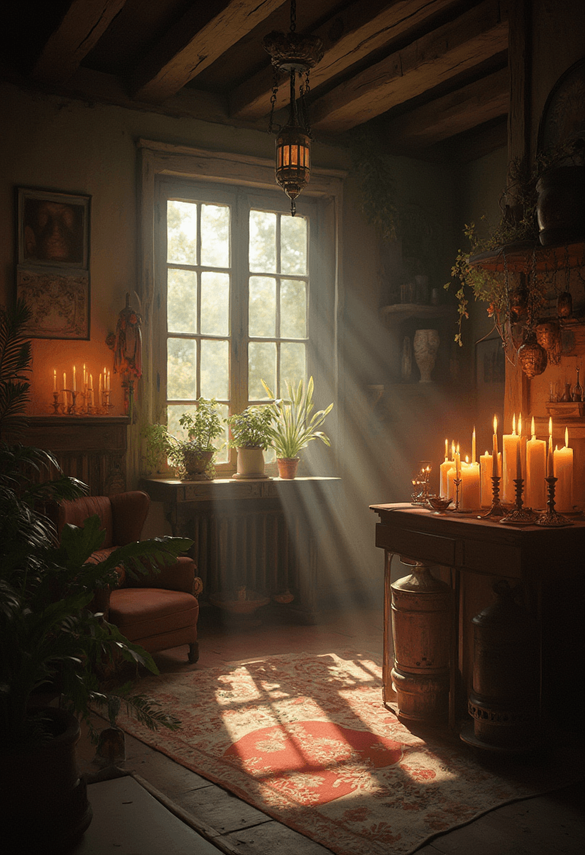 AI generated: interior view of an herbalist cottage, waxy candles, wood furnishings, light bloom, dust, ambient oc...