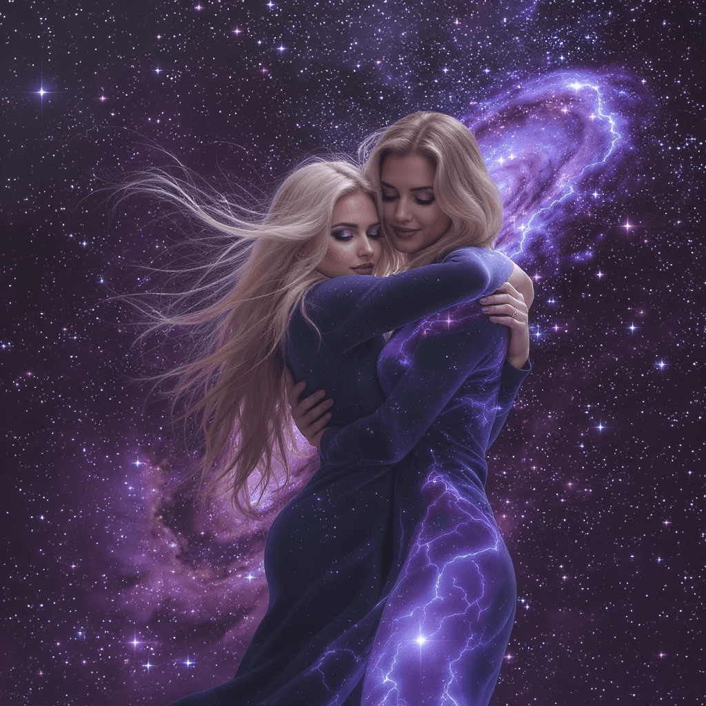 AI generated: Blond long hair woman, hugging the galaxy 