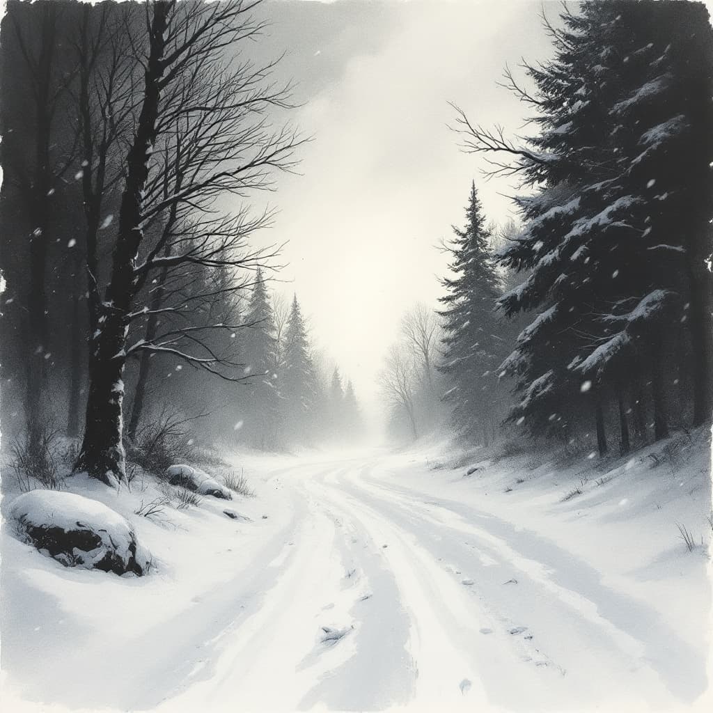 AI generated: a wet ink + charcoal sketch illustration of chilly wind howling in winter, night, howling wind, moti...