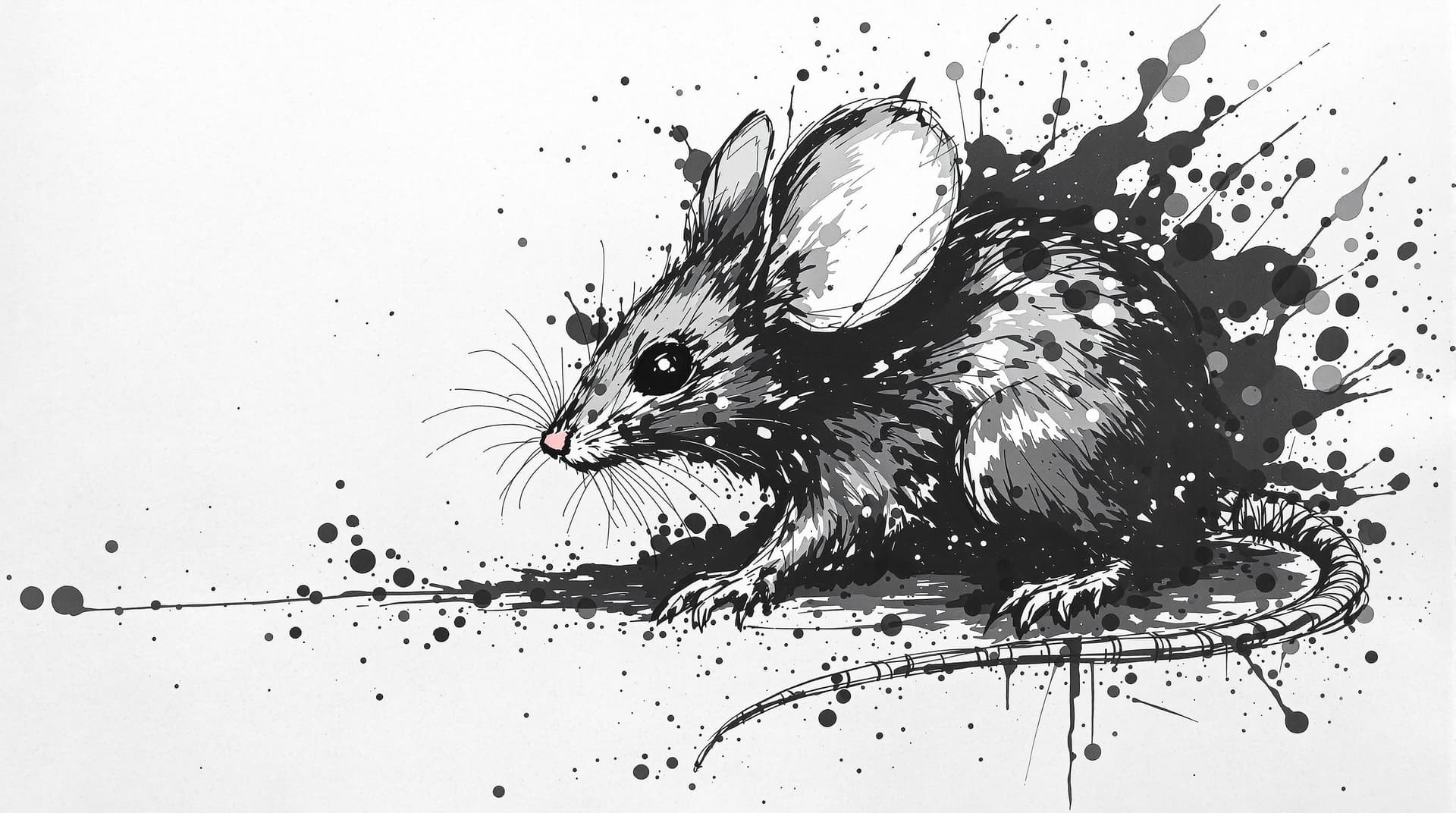 AI generated: Mouse, detailed,ink style,Ink splash art on the background,ink style,The whole is on the right，Ink w...
