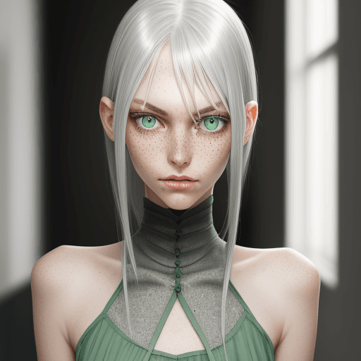 AI generated: Tall slender young girl, silver hair, green eyes, freckles,