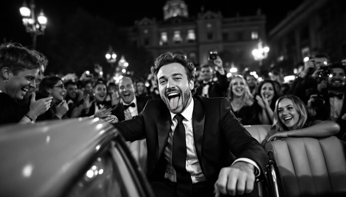 AI generated: A black-and-white scene capturing the lively atmosphere around the iconic moment of the man playfull...