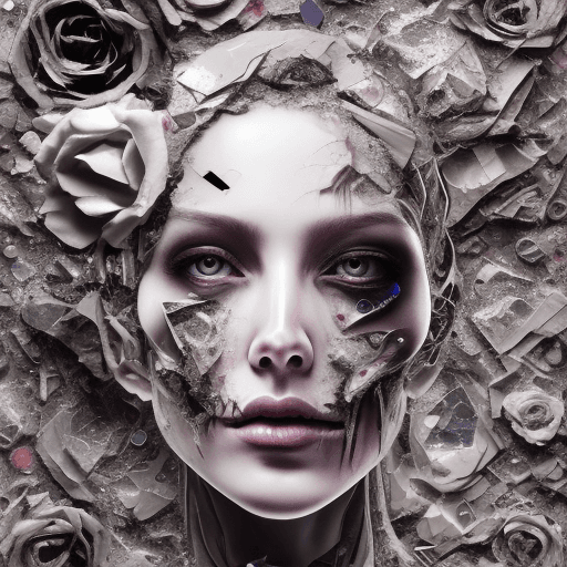 AI generated: Death of a beautiful humanoid female,  close up of a broken android, digital art, cracked porcelain ...