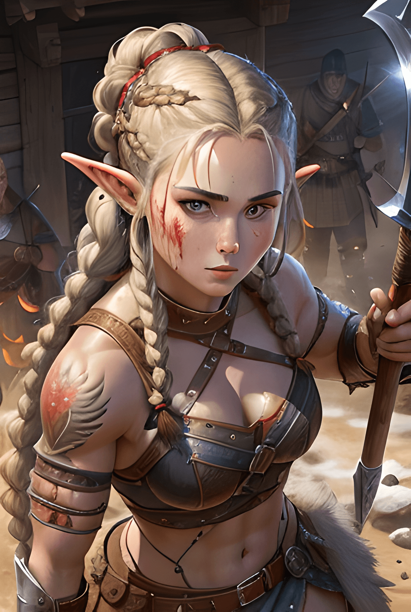 AI generated: masterpiece, 8k, photo real, high resulution, beautiful woman viking, aged 22, cleaving an axe throu...