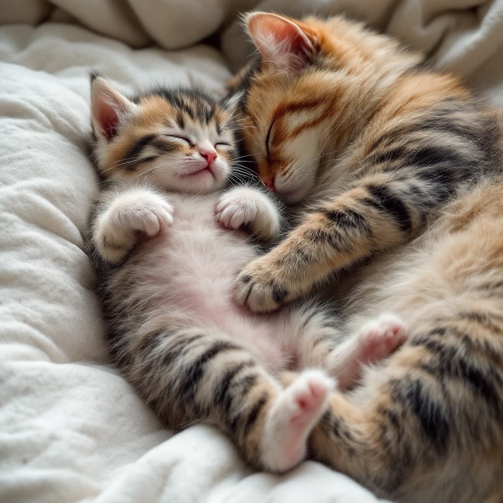 AI generated: a picture of a fluffy kitten on it's back laying against it's mother , with a big belly and asleep ,...