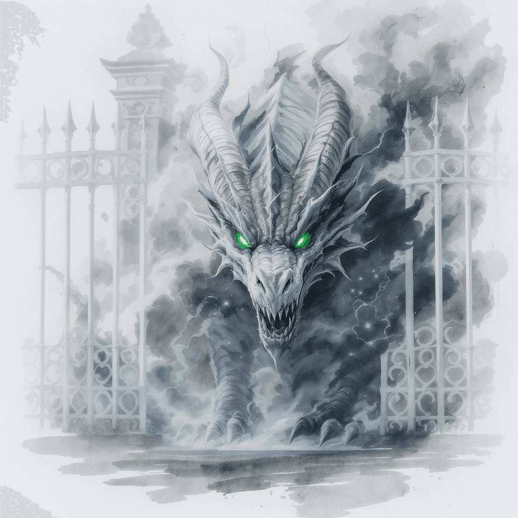 AI generated: Bright, icy watercolor. Close-up fantasy image of a white dragon with green piercing eyes facing you...