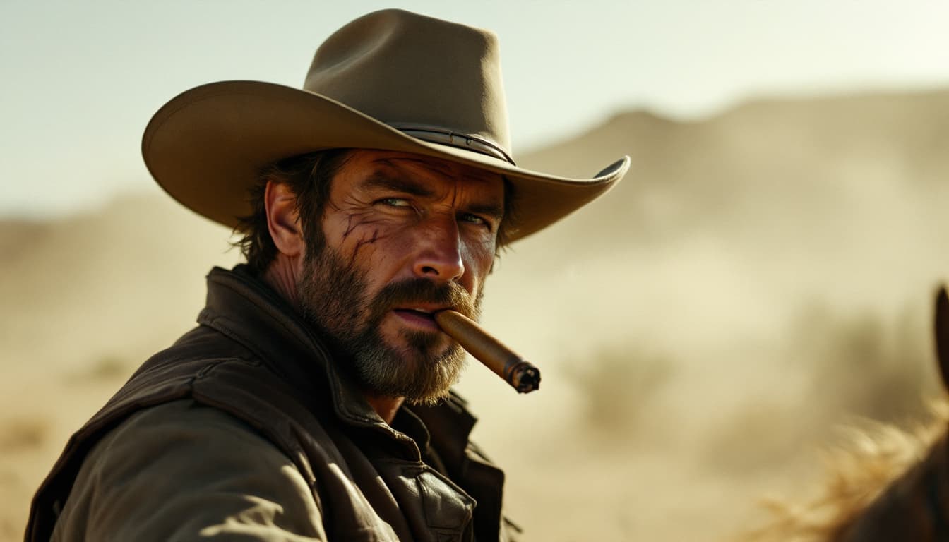 AI generated: george bull, same style, same color, desert , cinematic, dust, grain, burning cigar, leather gilet, ...