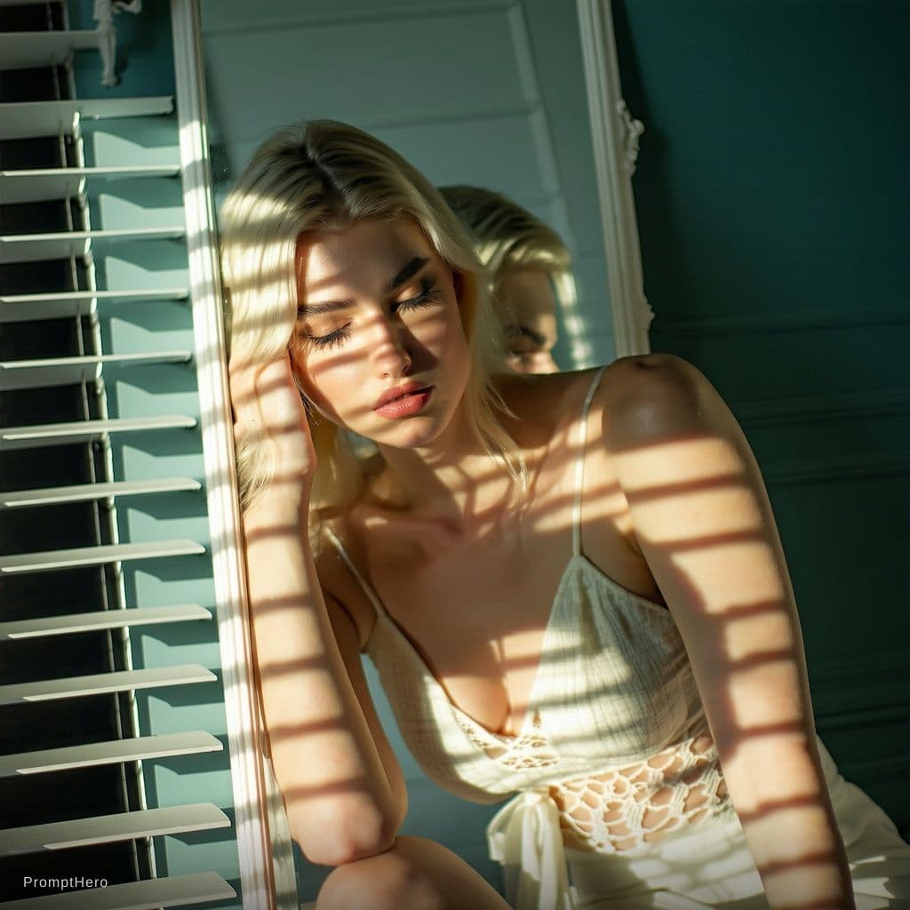 AI generated: "birds eye view of a 30 years old blonde woman,looking down,watching herself sitting centralized dir...