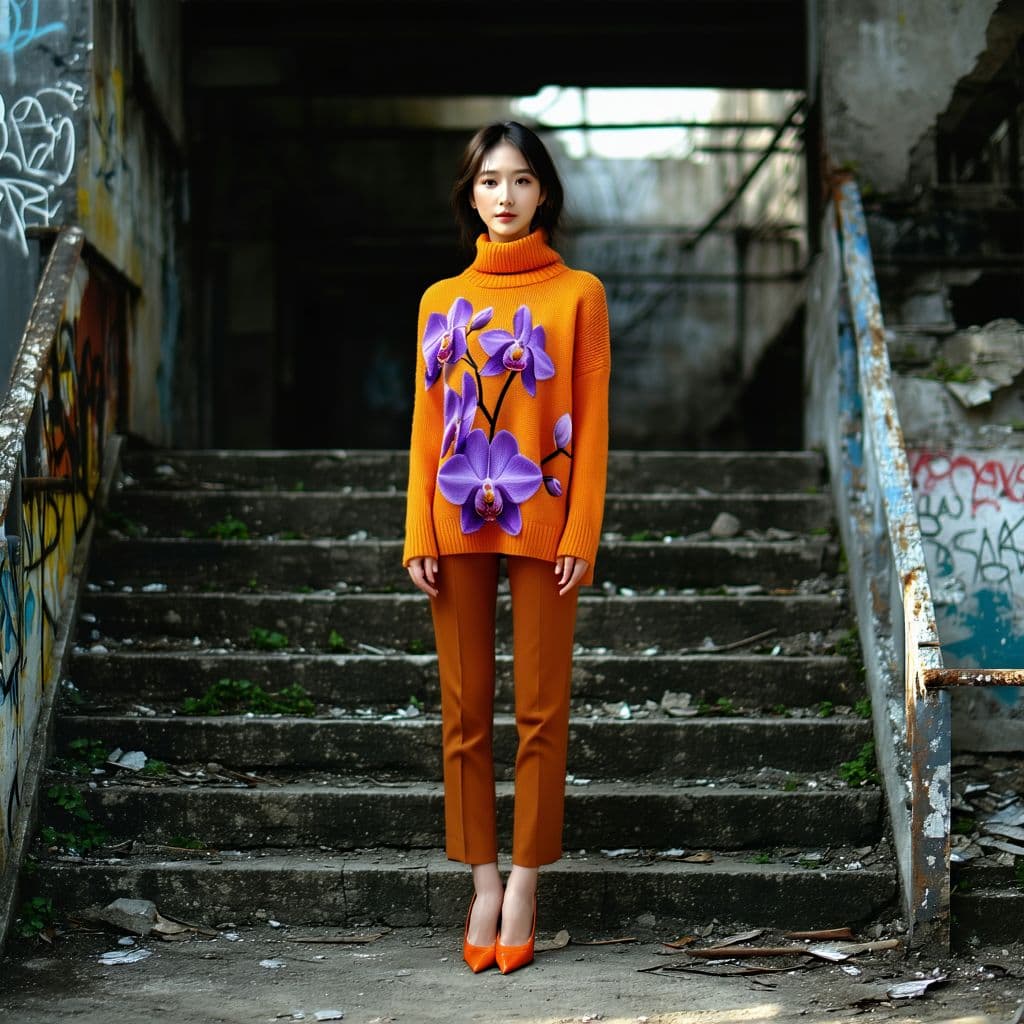 AI generated: A photorealistic, 16k UHD photo of a confident Korean woman standing in a slightly dilapidated urban...