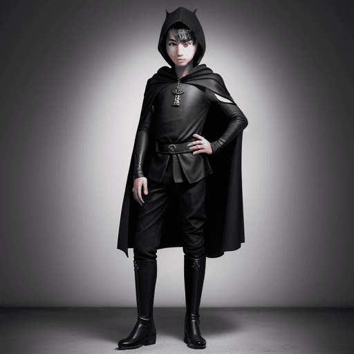 AI generated: full body image, young boy, 13 year old, short, light skin, wearing medieval mage-like black clothin...