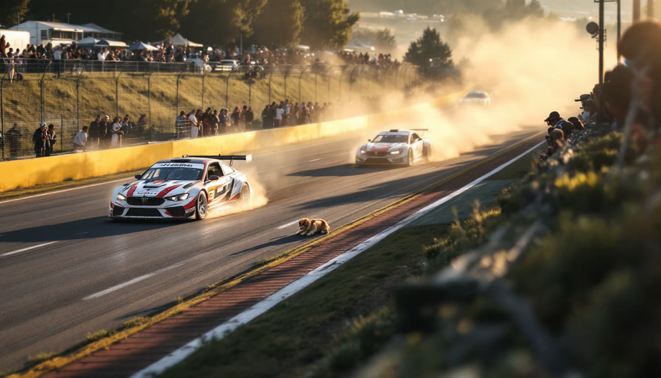 AI generated: The race track is well lit by sunlight.  A car with the club logo on the sides rushes along the trac...