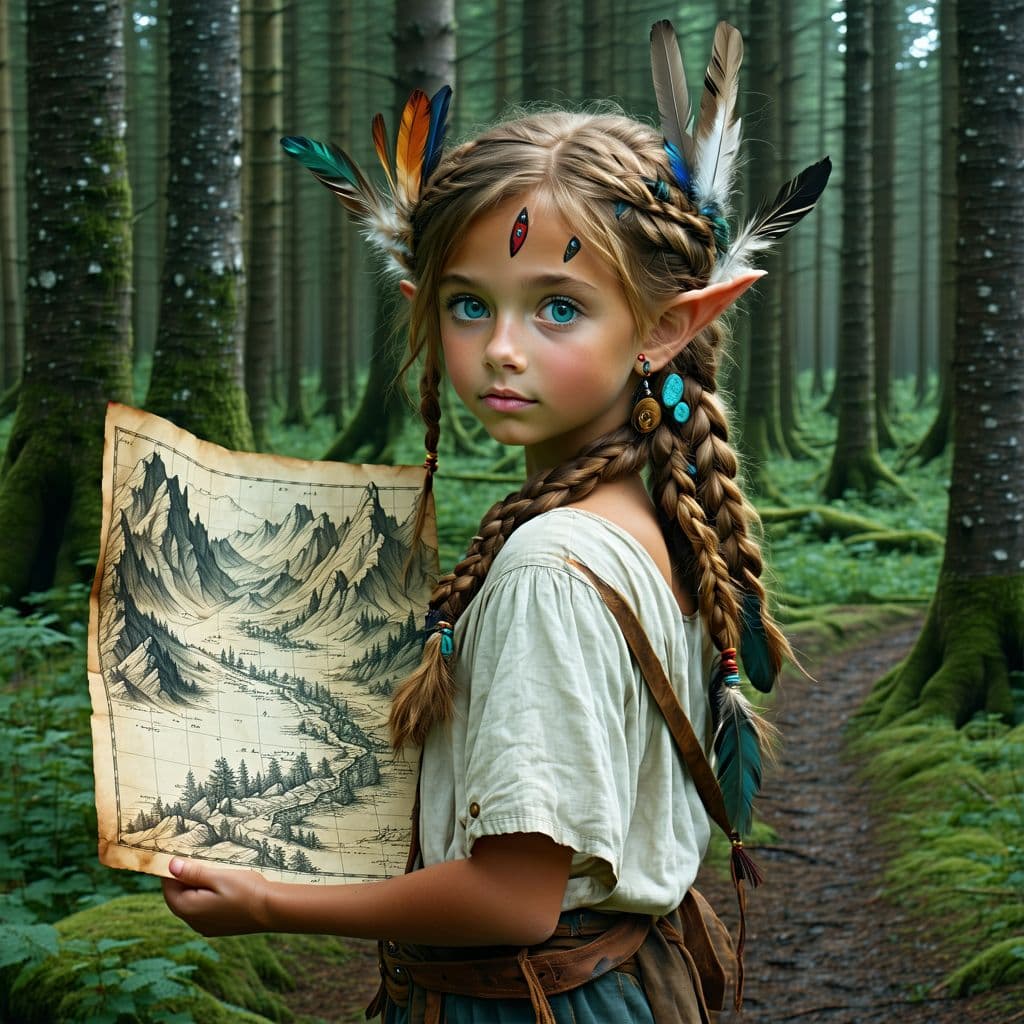 AI generated: A curious wilderness explorer, with her hair adorned with feathers that seem to shift to guide her p...
