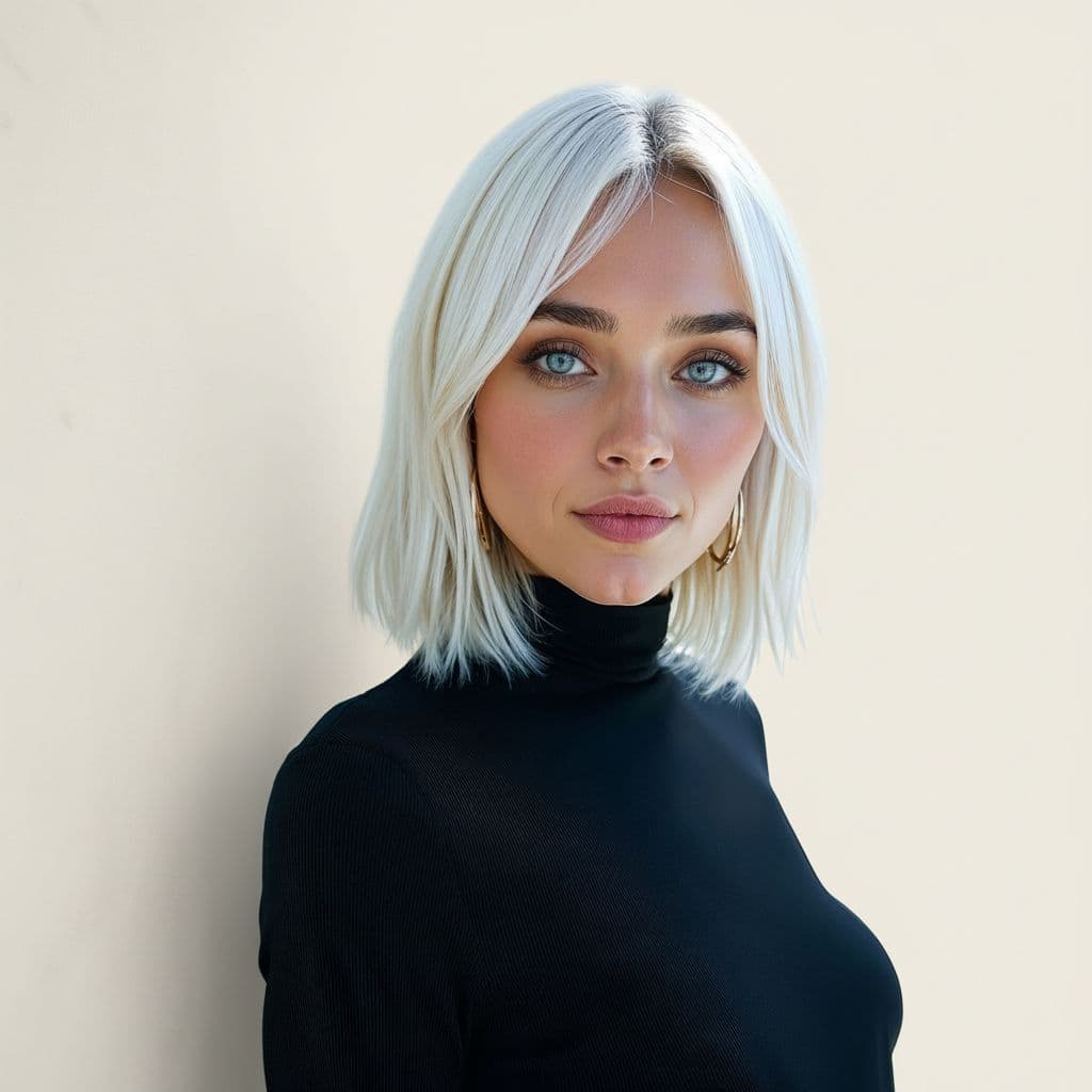 AI generated: hair photography, woman, bob cut hair, silver color, ivory hue background, studio lighting setup, re...