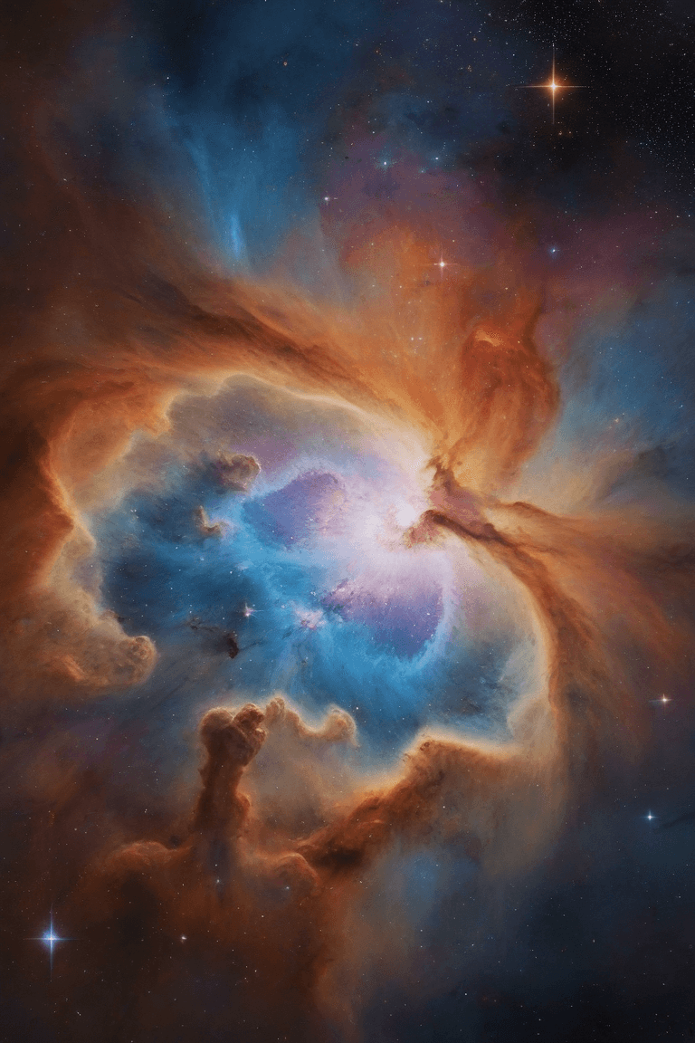 AI generated: Stunning nebula in space, dynamic colors, blue and orange, stars in background, hyper realistic