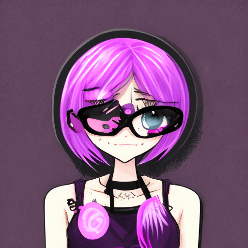 AI generated: A girl in black, pink hair with a smiley face with black, in the style of nightcore, dark purple and...