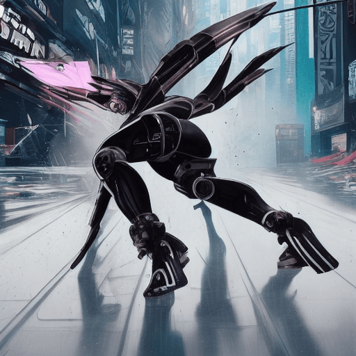 AI generated: urbanpunk, low angle shot, a mech pretty female cyborg ninja with dark colored glossy armor bodysuit...