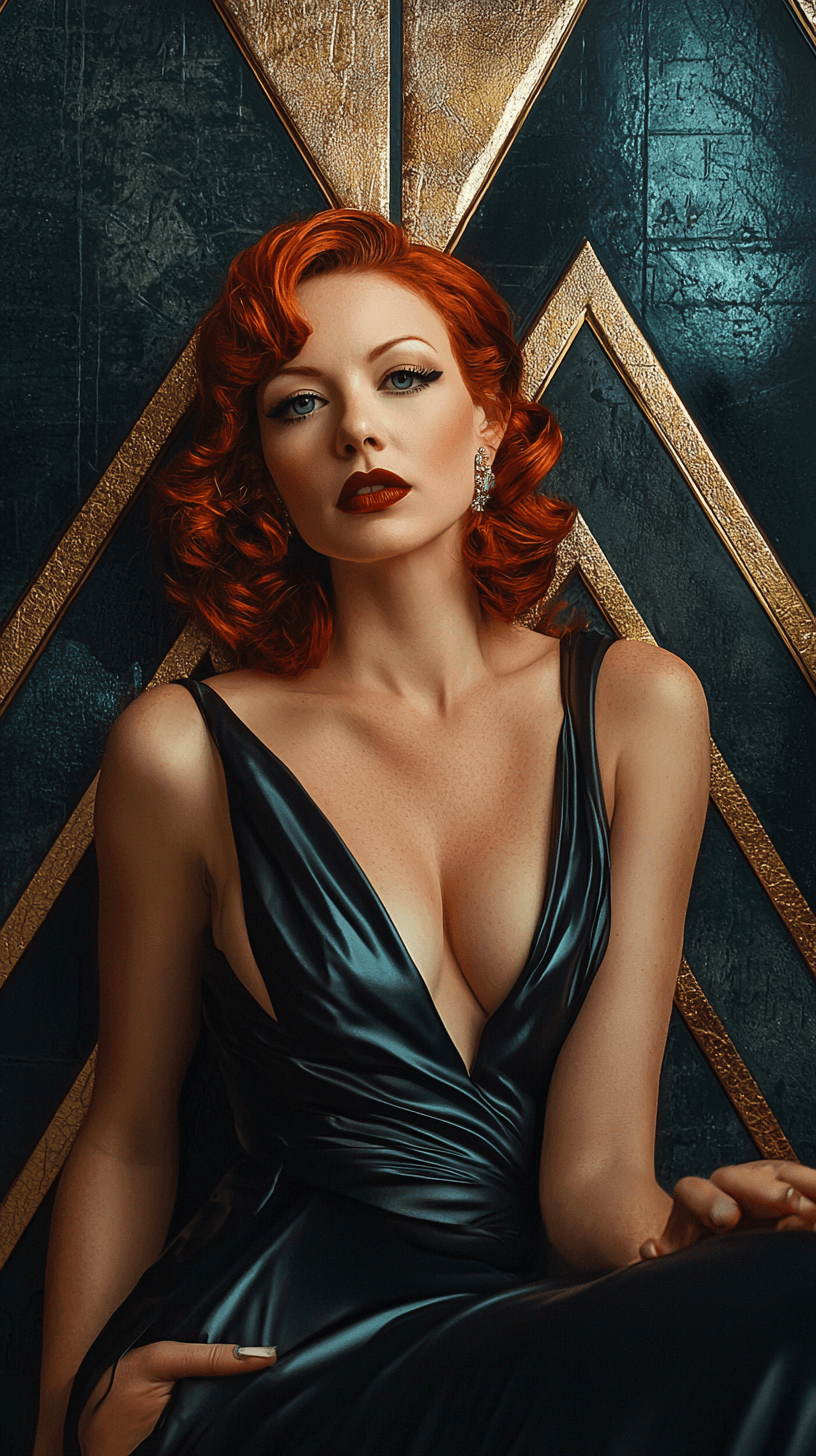 AI generated: A sultry portrait of a woman with fiery red hair, in the style of Tamara de Lempicka and Mario Testi...