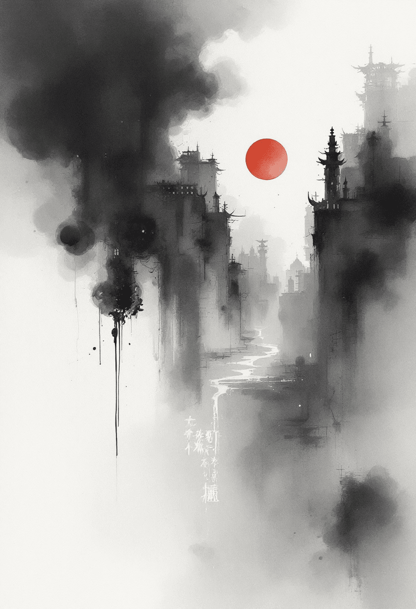 AI generated: Abstract ink wash painting, inspired by a serene Asian landscape, flowing black ink, hazy white mist...
