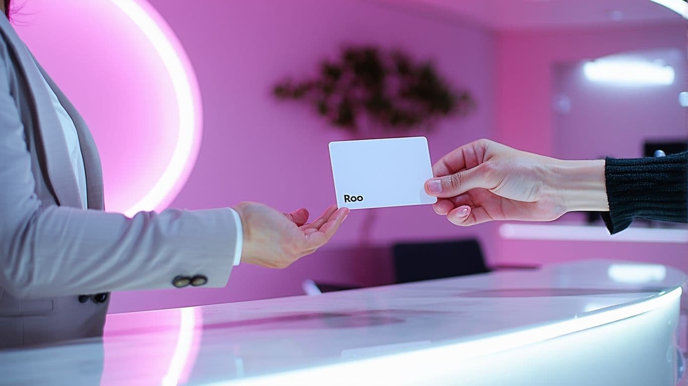 AI generated: A futuristic scence of a receptionist handing a guest their white Roo key card across a futuristic r...