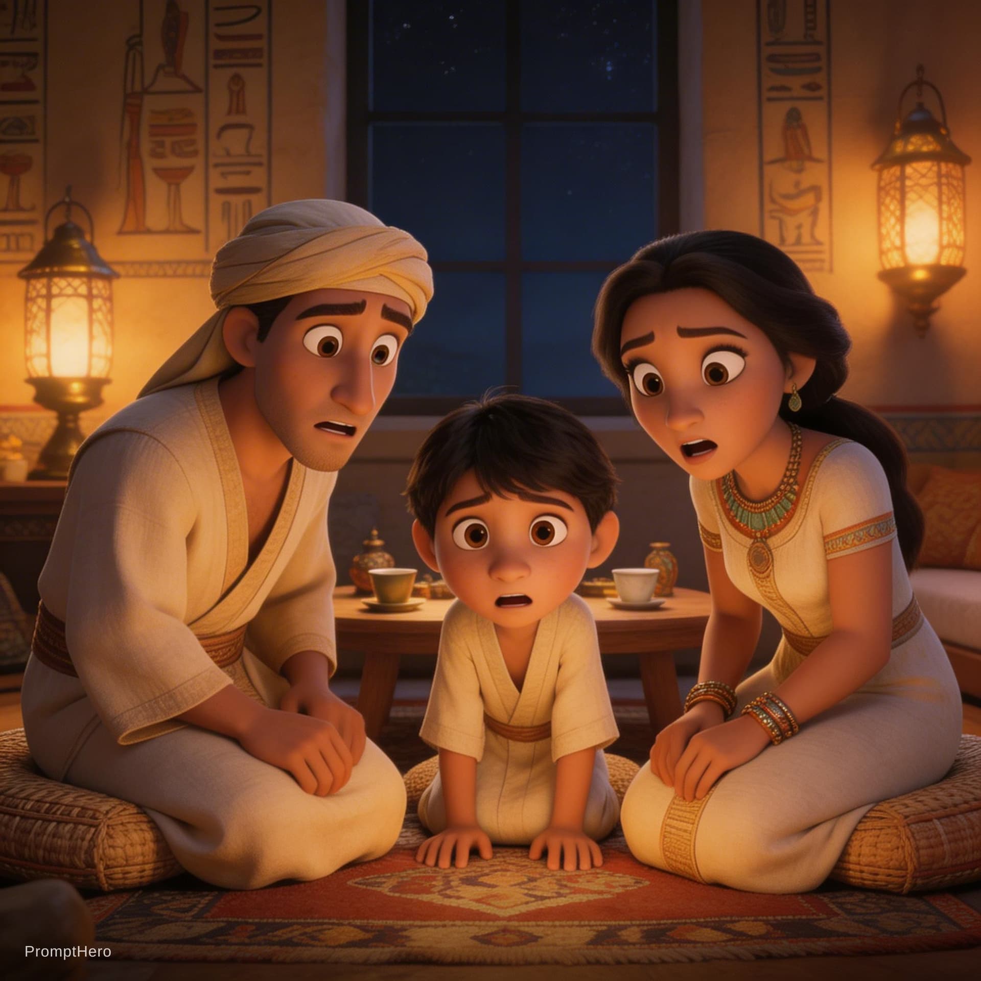 AI generated: 3D Disney Pixar style, an Egyptian family sitting in a dimly lit, cozy living room at night, looking...