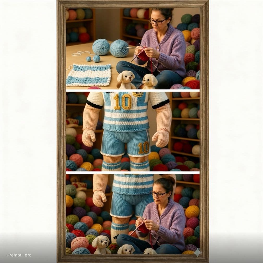 AI generated: Generate a prompt step by step process of this woman knitting this gigantic image of Lionel Messi in...