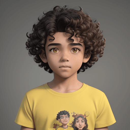 AI generated: a boy with curly hair, mixed Asian brown beauty and yellow shirt, in the style of rendered in cinema...