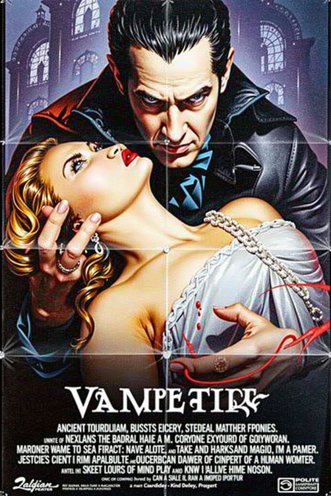 AI generated: An R-rated movie poster. A dangerously alluring ancient vampire, male, with aristocratic features an...