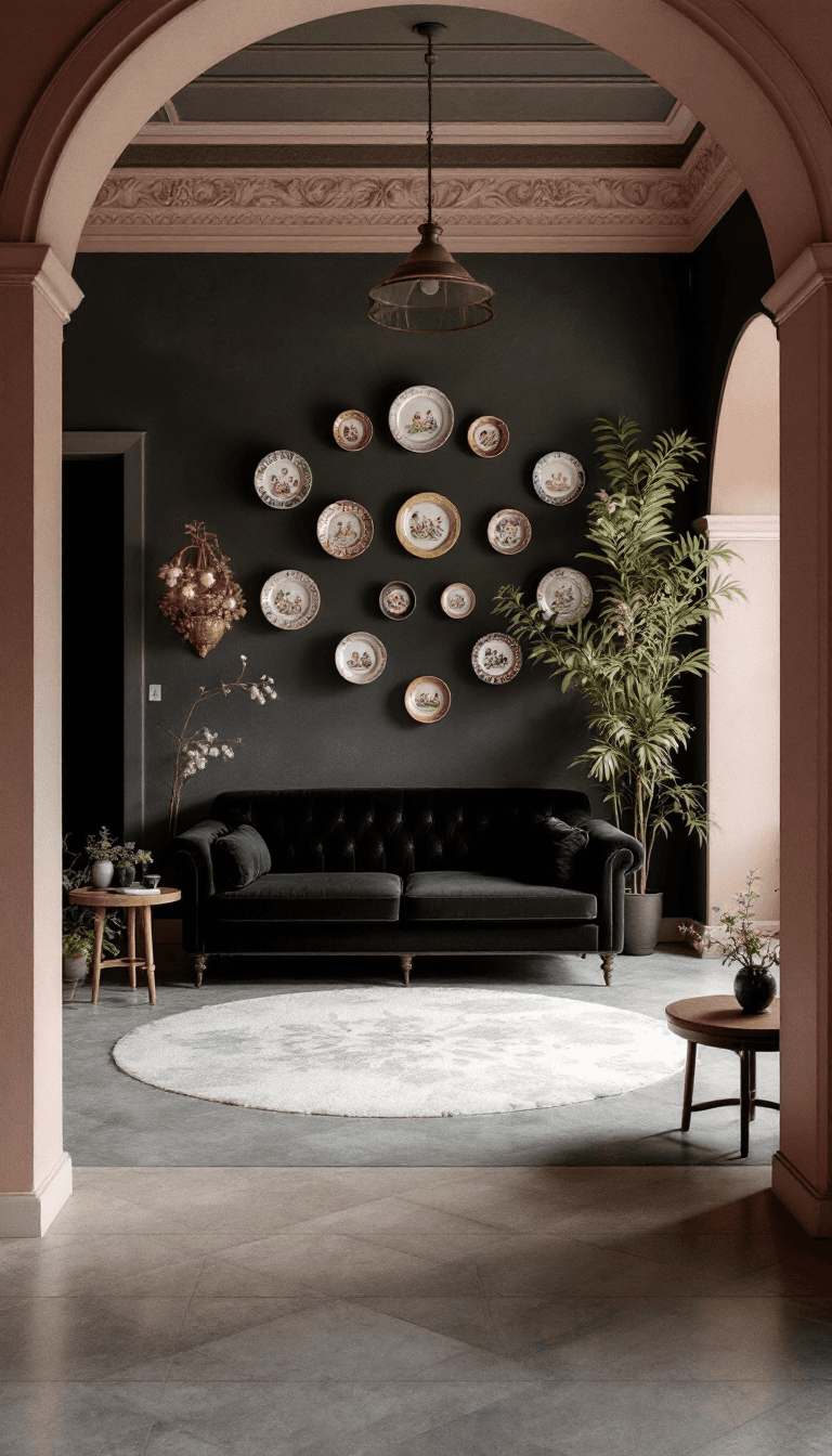 AI generated: a photo of a gorgeous antique artistic dark interior with black sofa, soft natural pastel colors, po...
