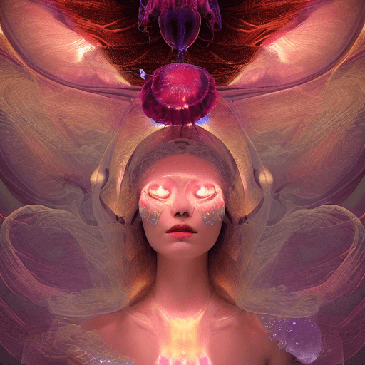 AI generated: Goddess close-up portrait ribcagel. jellyfish phoenix head, nautilus, orchid, skull, betta fish, bio...