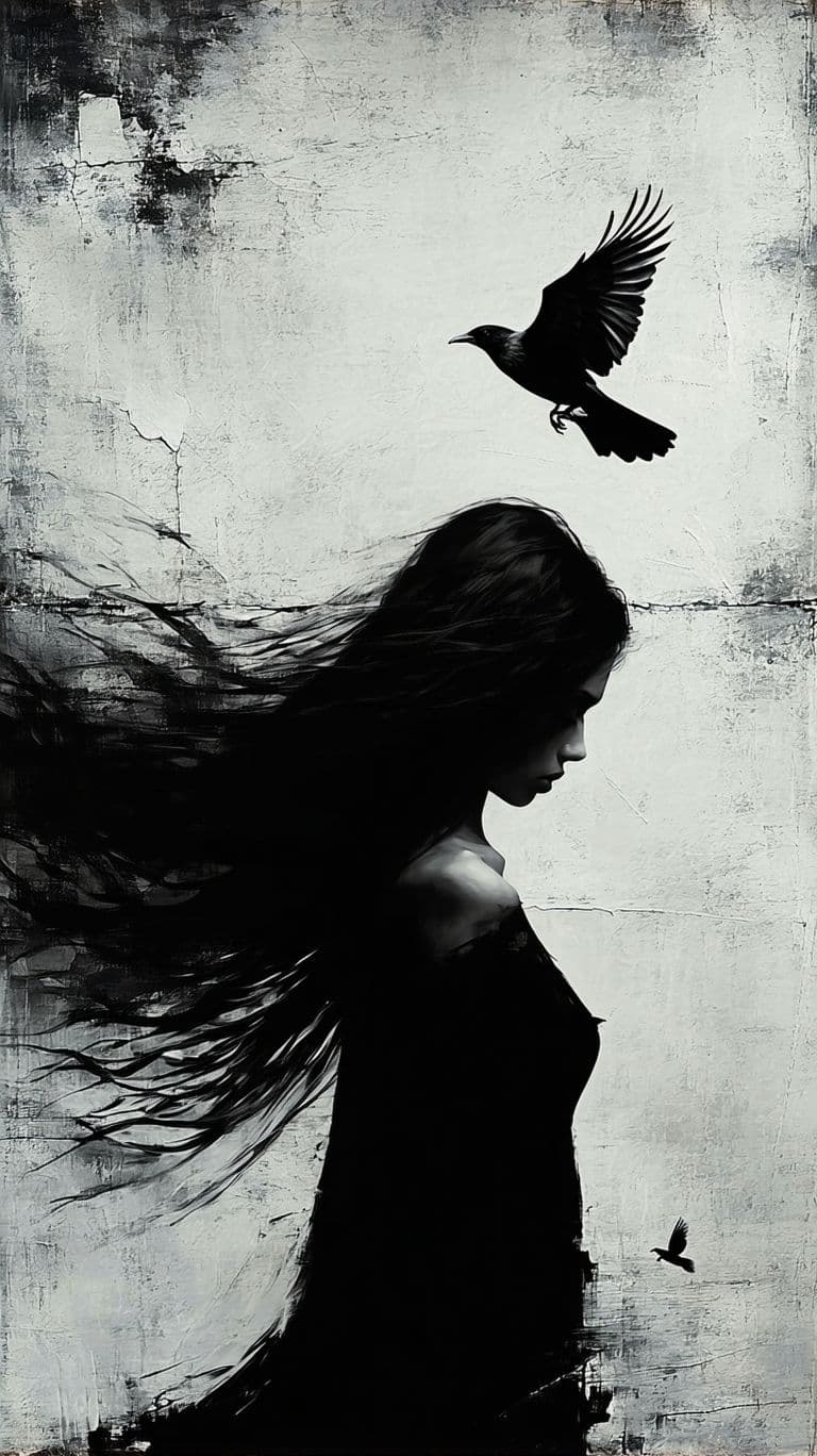 AI generated: A moody and artistic black-and-white wallpaper featuring a woman with long, flowing hair partially o...