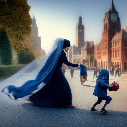 AI generated: a woman who wears a veil, is chased by the community for stealing a large apple. the woman was accom...