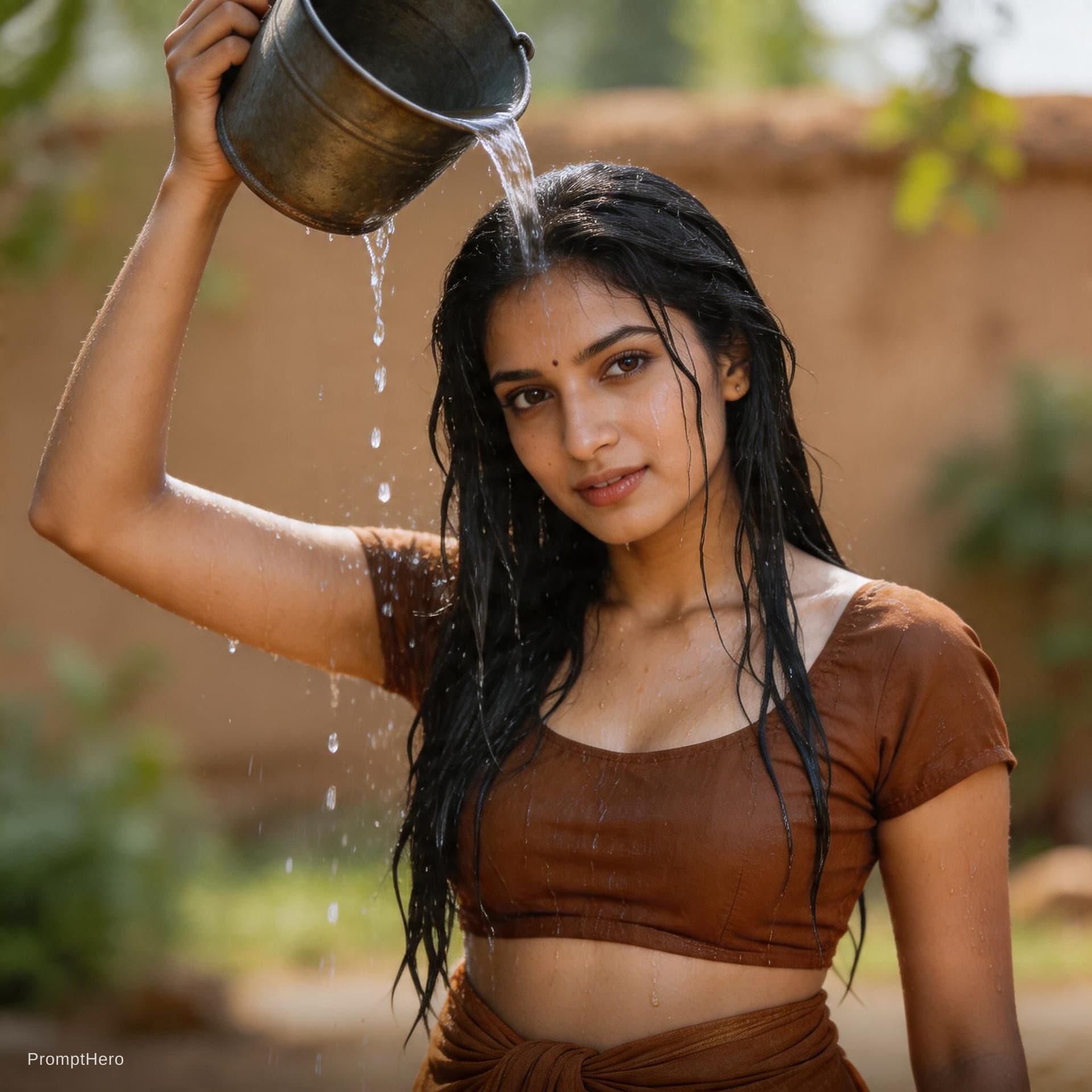 AI generated: A stunning Indian woman with fair skin and long, black, wet hair, wearing traditional brown clothing...