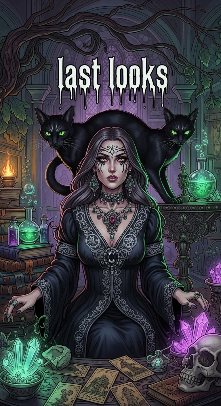 AI generated: An ultrarealistic witchy woman and her sinister cat in a magic room looking direct to cam,text “last...