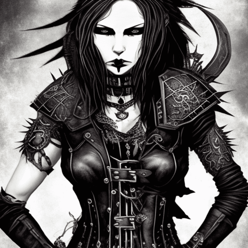 AI generated: Grunge style, stylish female, (a formidable heroine:1.3) , (gothic fantasy:1.25) , (warrior biker:1....