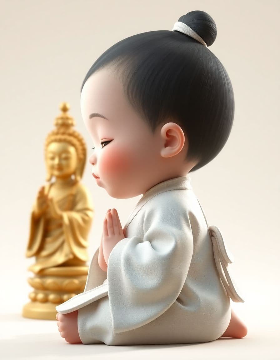 AI generated: whimsical Realistic of Pixar,Bryce 3D,side-view,a kawaii, chubby-cheeked Asian baby girl kneeling in...