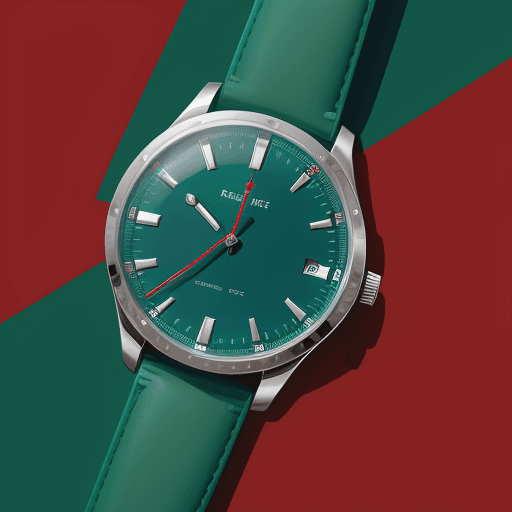 AI generated: Single wristwatch, lying flat from left to right, with a green band, blue bezel, red dial; watch is ...