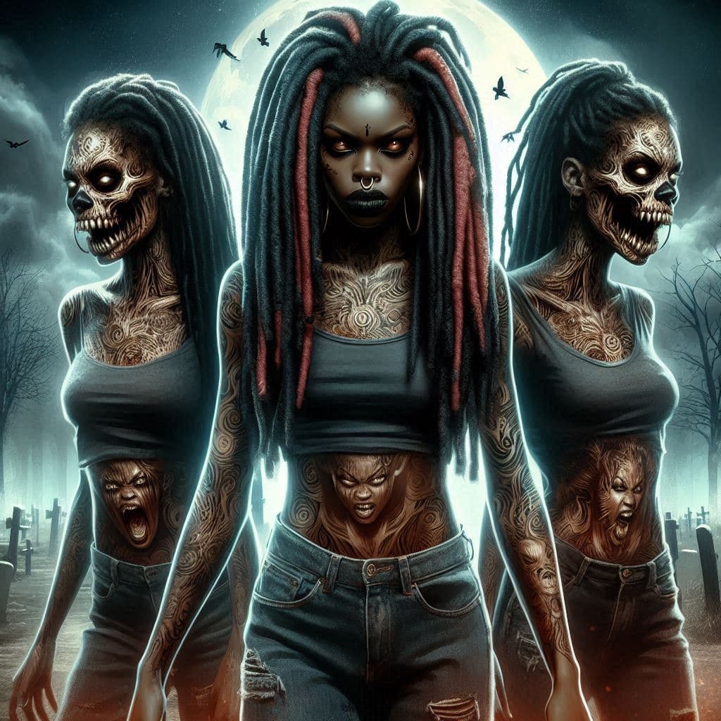 AI generated: a double exposure digital art style image of a Afrocentric lightly tribal tattooed African evil horr...